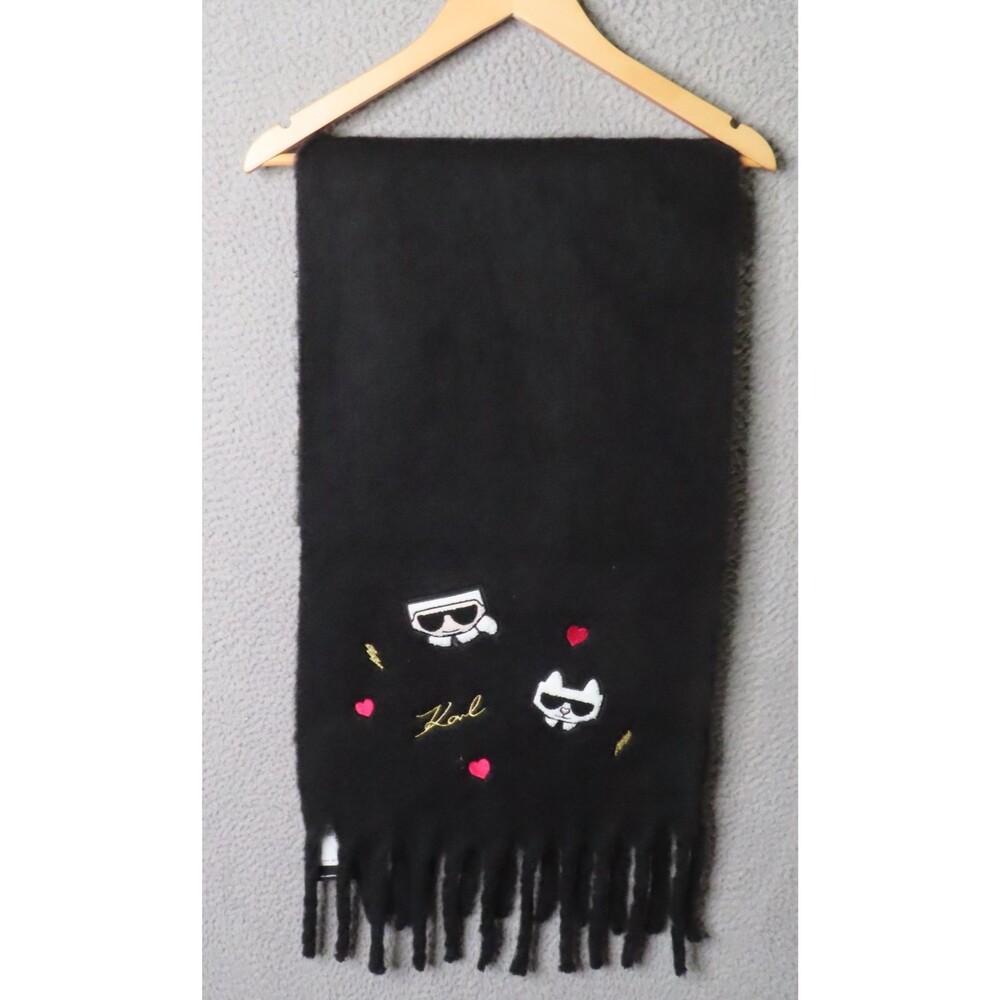 Karl Lagerfeld Paris Soft Thick Black Cat Fringe Scarf Polyester‎ 15"x46" NWT